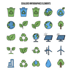 Collection of Scaled Infographics Elements Illustrating Eco-Friendly Practices and Renewable Energy Sources