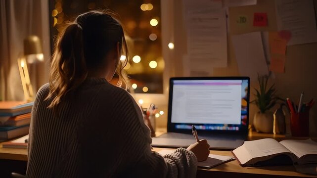 A woman sits at a desk with a laptop, notebook, and pen in a dimly lit room with a city view at night, against a background of papers and plants.