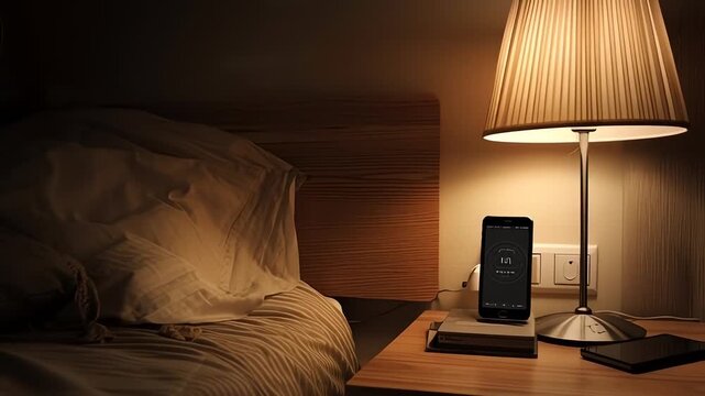 A smartphone on a bedside table with a book and glasses under the warm glow of a table lamp beside a rumpled bed in a dimly lit room with a soft, calming background.