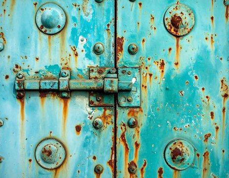 A close-up of a weathered turquoise metal door with rust