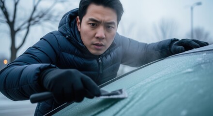 Focused Asian man scraping ice from a car windshield, wearing a warm blue jacket and black gloves. Cold winter morning on a street with blurred trees.