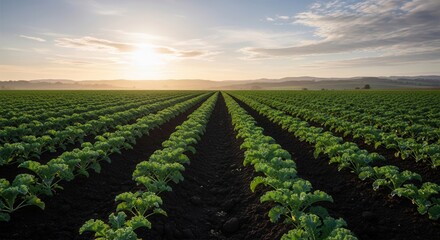 Parallel rows of vibrant green young kale plants cover a vast agricultural field. Golden sun rising above misty distant hills and a blue sky.