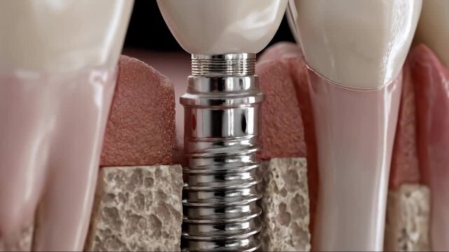 Close-up view of dental implant surrounded by neighboring teeth and gum tissue, showcasing the intricate details of dental restoration