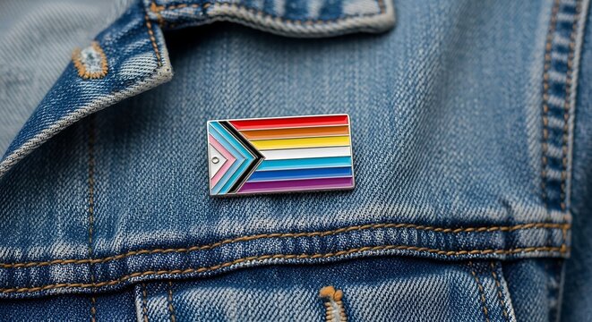 Enamel lapel pin displaying a vibrant representation of identity attaches to the textured fabric of blue denim outerwear.