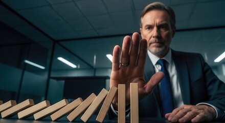 Mature businessman in a suit, his hand stopping a sequence of falling wooden dominoes. Strategic intervention preventing a cascading crisis.