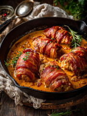 Fototapeta premium : Bacon Wrapped Chicken in Creamy Sauce – AI generative