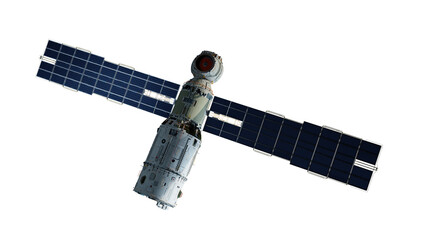 Scientific space station with solar panels in orbit.