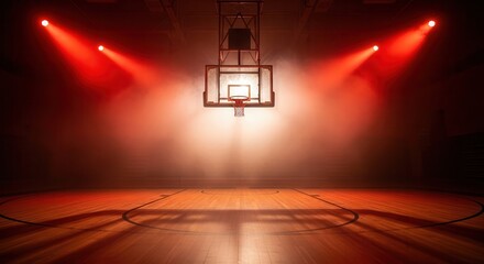 Empty basketball court with a glowing hoop, illuminated by dramatic red spotlights and smoke. Feeling of intense competition and anticipation.