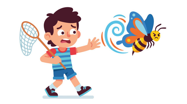 Young boy with net scared by angry bee butterfly hybrid flying.