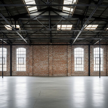 Empty industrial warehouse interior with exposed brick walls concrete floor and large arched windows perfect for commercial space or storage concepts