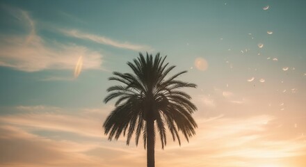 Palm tree silhouetted against a vibrant sunset sky, with a lens flare and floating seeds. Tropical warmth and tranquil feeling of nature.