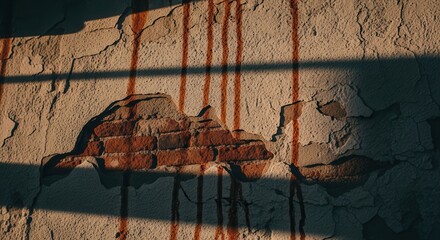 Crumbling old wall, peeling plaster exposing red bricks and vertical stains. Dramatic light and shadow patterns highlight distressed texture.