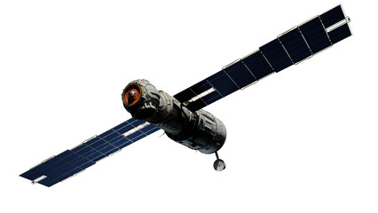 Scientific space station with solar panels in orbit.