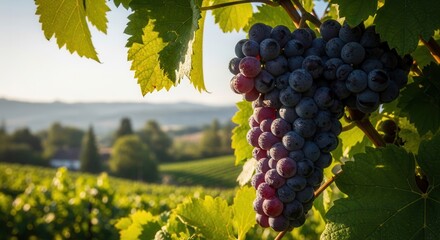 Cluster of dark red grapes on a vine, covered in sparkling dew drops. Bright morning sunlight highlights the lush green vineyard setting.