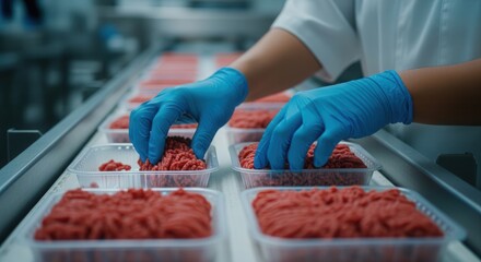 Workers hands in blue gloves placing fresh minced meat into plastic trays. Modern industrial food processing line ensuring hygiene and quality control.