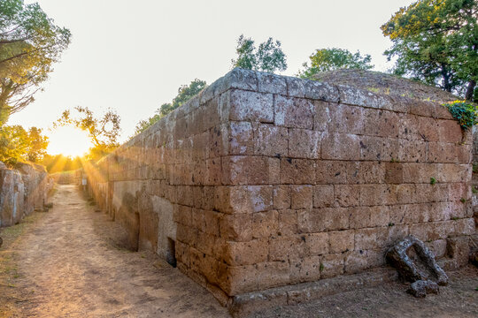 Etruscan tomb and burial mound at Necropolis of Cerveteri Italy at sunrise