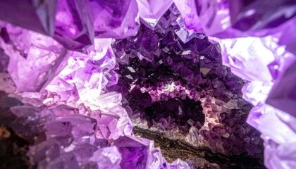 Fototapeta premium Close-up amethyst crystal cluster, showing detail, lit interior, suitable for meditation
