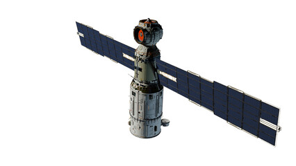 Scientific space station with solar panels in orbit.