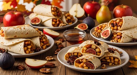 Plated fruit and nut filled wraps are arranged on a wooden table with whole fruits for a seasonal display