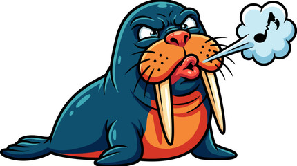 Angry Walrus Cartoon Character Blowing Steam with Music Notes.