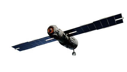 Scientific space station with solar panels in orbit.