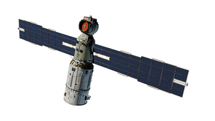 Scientific space station with solar panels in orbit.