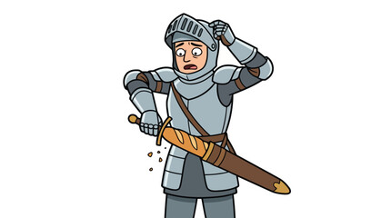 Confused Knight Scratching Head with Sword Stuck in Scabbard.
