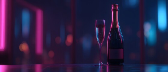 A bottle of sparkling wine and a glass stand on a table with blurred neon lights in the background