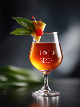 Richly colored cocktail garnished with pineapple and cherry, exu