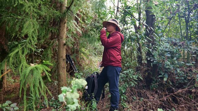 In the primeval forest, a man doing outdoor hiking is eating biscuits to replenish energy.