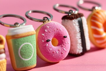 Brightly colored keychains shaped like popular snacks create pla