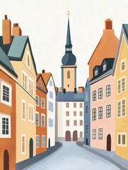 Charming street scene with colorful houses and prominent church spire
