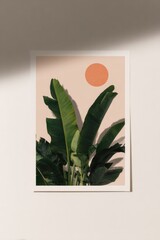 Lush green leaves contrast with soft pastel backdrop and warm sun, evoking tranquility