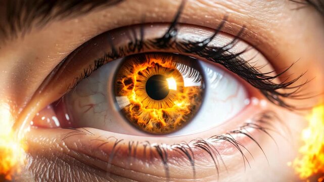 Extreme close-up of a human eye with a fiery iris and burning flames surrounding it