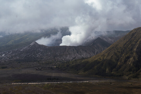 Smoking crater landscape of Mount Bromo volcano in Java, Indonesia