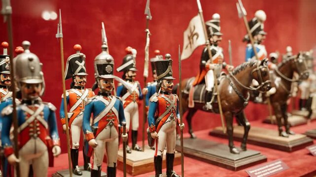 Collection of antique toy soldiers in a display case.