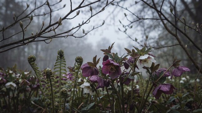 Moody Purple and White Hellebore Flowers in a Misty Woodland Garden.