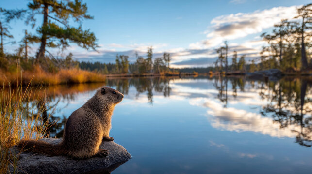 A cute groundhog on a festive spring day. Groundhog Day. A groundhog with fluffy fur. Landscape view.