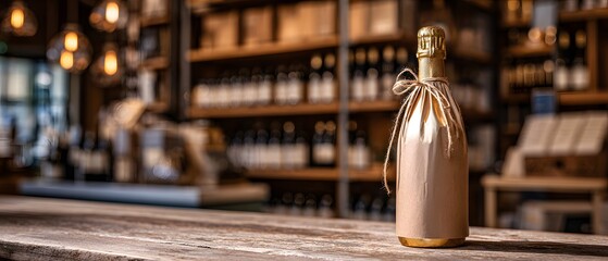 A bottle wrapped in gold paper with a twine bow sits on a wooden counter in a wine shop