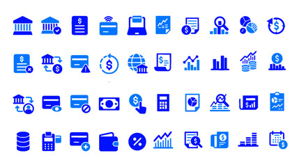 Flat style blue corporate management and analytics icon collection. Features reporting charts, office workflow, communication tools, productivity, and strategic planning elements.