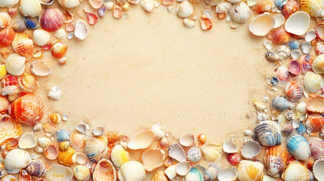 Colorful seashells frame on sandy beach background
