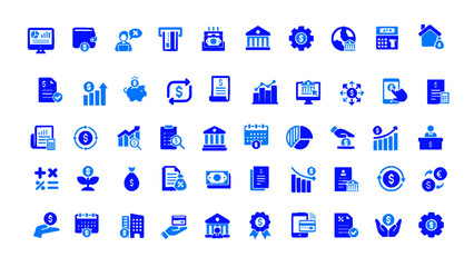 Modern blue office and business operations icons in clean flat design. Includes documentation, marketing, analytics, communication, workflow, and performance measurement symbols.