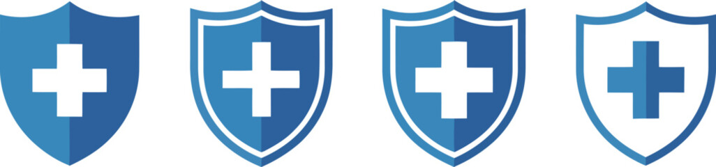 Fototapeta premium Collection of blue medical shield icons representing health protection and safety symbols