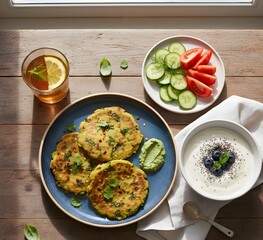 Traditional Indian breakfast with stuffed parathas, curd, and fresh salad served on a rustic wooden table in warm sunlight.