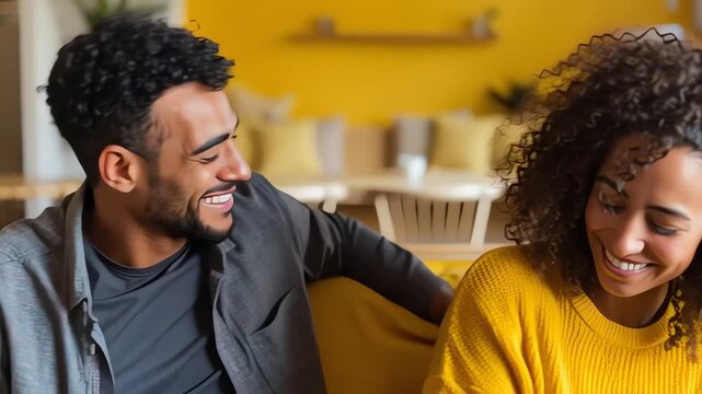 A dark-skinned man playfully teasing a dark-skinned woman with a warm smile in a cozy yellow living room with natural light.