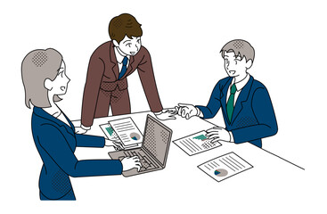 Business Meeting and Team Discussion with Laptop and Reports