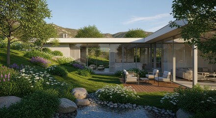 Modern house with landscaped garden and water feature design.