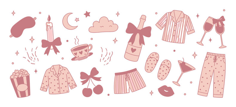 Set of hand drawn illustrations featuring sleepwear, a sleep mask, slippers, popcorn, drinks, a candle, and other cozy elements for a nighttime pajama, slumber party, or self-care theme