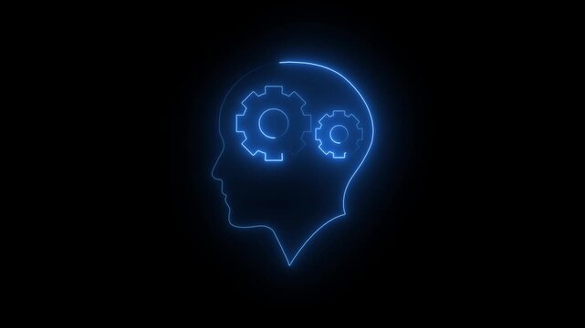 Animated glowing blue human head with two gear icon on black background.4k video