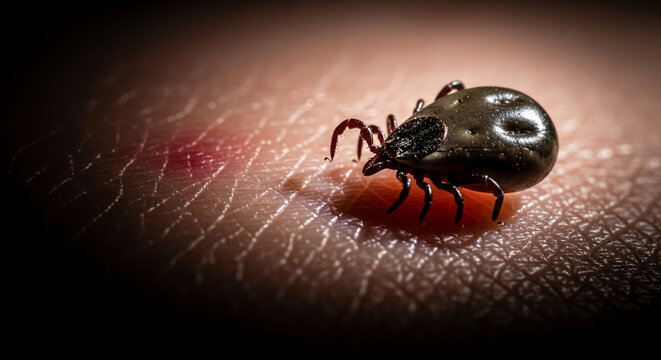 macro close-up of tick on human skin with dramatic shadow detailed arachnid feeding on flesh concept pest control  